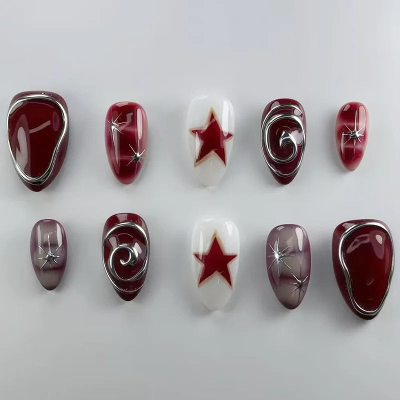 24pcs Red Star Print Fake Nails Sweet Cool Short Almond Press on Nail for Women Wearable Detachable Ins Spice Girl False Nails.