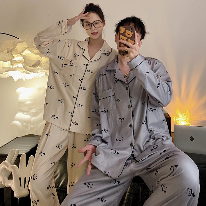 Pajamas Women Pajama Man Set Cotton Plus Size Spring Autumn Long-sleeved Korean Cardigan Casual V-neck Nightwear Couple Pyjamas.