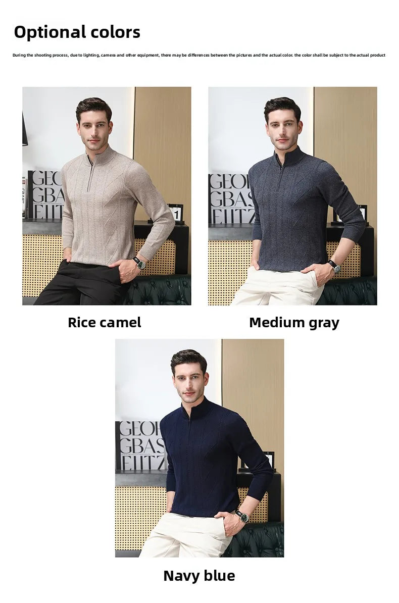 High End 100% Australia Wool Cashmere New Autum Winter Fashion Brand Casual Zip Up Men Pullover Knit Half Turtleneck Sweater.