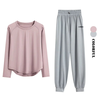 DRUR 2pcs Running Set Women Tracksuit Lightweight Loose Long Sleeve Sport Shirt Pants Sets 2 Piece Sportswear Outfit Gym Clothes