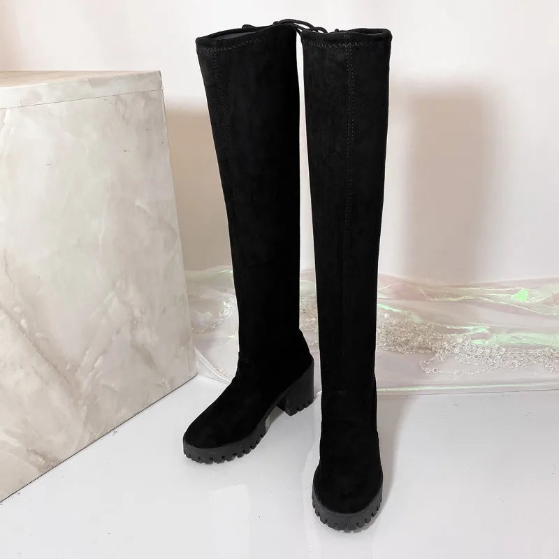 2025 Spring and Autumn Winter Over The Knee Boots Stretch Skinny Leg Long Tube Women's Boots Round Toe High Heel Plus Size.
