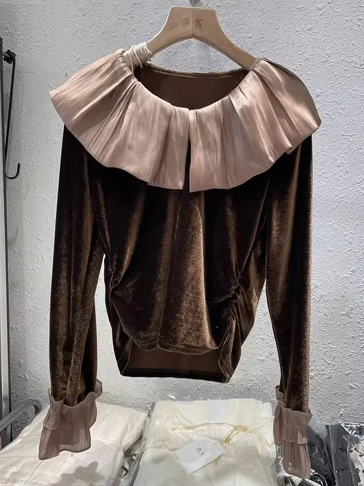 Autumn Korean Patchwork Solid Color Peter Pan Collar T-Shirts Female Temperament Ruffles T-Shirts Women Clothing All-match Tops.