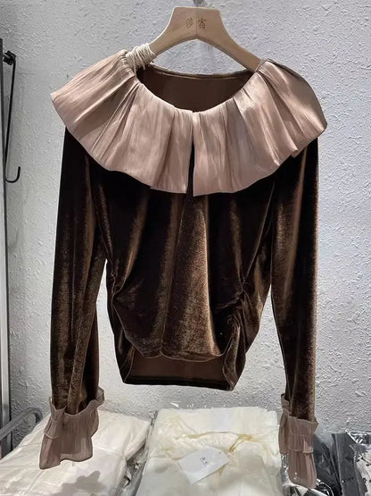 Autumn Korean Patchwork Solid Color Peter Pan Collar T-Shirts Female Temperament Ruffles T-Shirts Women Clothing All-match Tops.