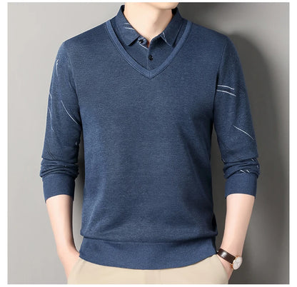 Men's Fleece Lining Sweater Autumn Winter Pullover Polo Shirt Collar Fake Two Piece Thick Warm Top Clothes Casual Knitwear.