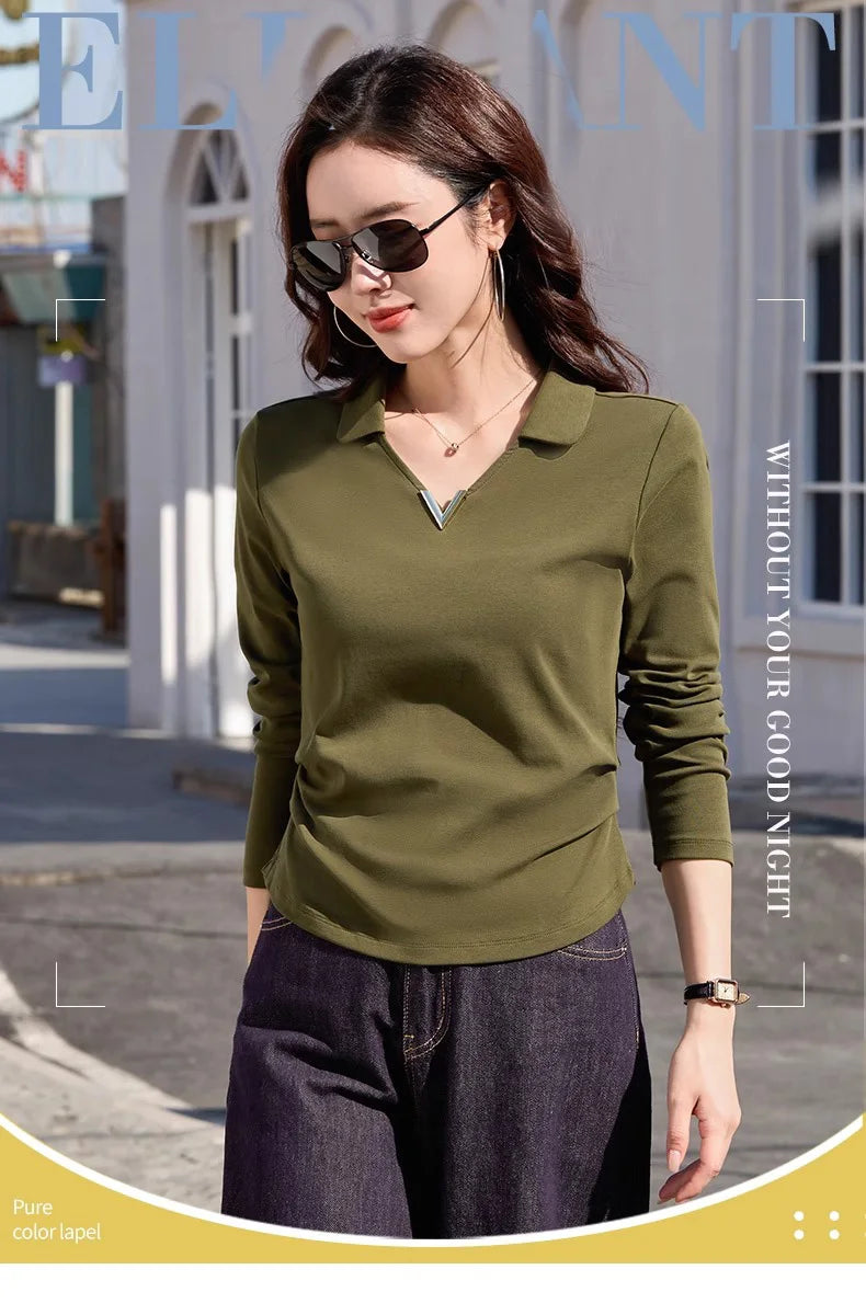 Korean version wine red long sleeved T-shirt for women in spring and autumn, new high-end fashion plus size lapel casual top.
