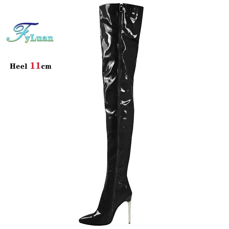 Plus Size 45 46 47 Women Stripper Heels 11CM Stiletto Sexy Pointed toe Red Long Shoes Club Party Over The Knee Thigh High Boots.