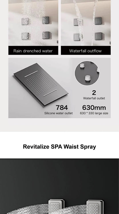 Deckenmontiertes thermostatisches LED-Digitalanzeige-Duschsystem. Eingebetteter Badmischer aus Messing im Wasserfallstil für heißes und kaltes Wasser