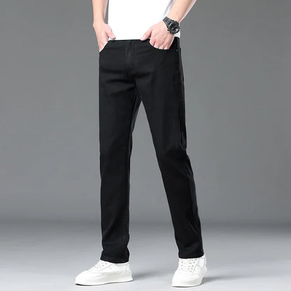 Summer Lyocell Ultra-thin Jeans Men Straight Stretch Breathable Denim Pants Fashion Business Casual Male Trousers Black Gray.