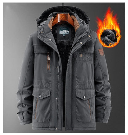 New Autumn/Winter Men's Fleece-Lined Thickened Cotton Coat Casual Vintage Workwear Jacket with Detachable Hood Multiple Pockets.