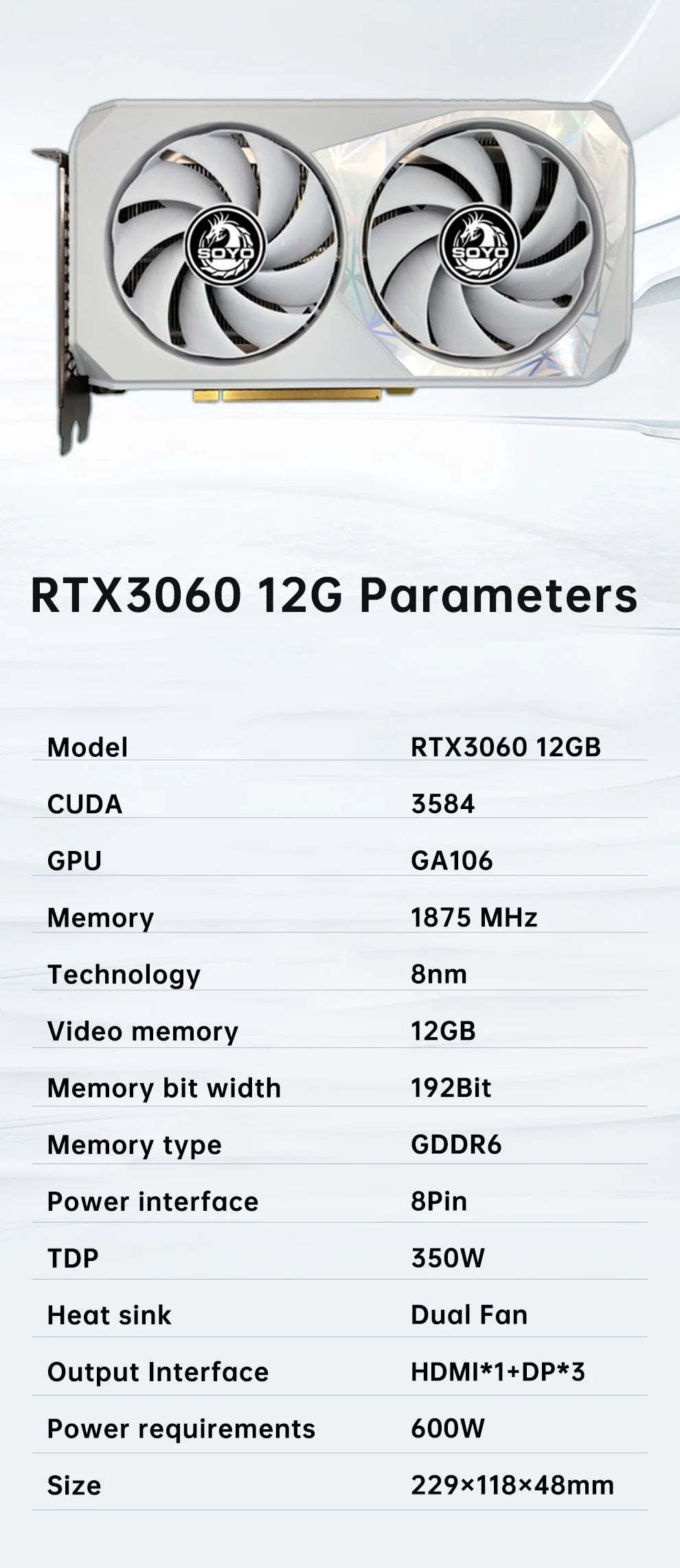 SOYO Original NVIDIA RTX3060 12G Graphics Card GDDR6 Memory 192Bit PCIE4.0x16 Gaming Video Card for Desktop Computer Accessories.
