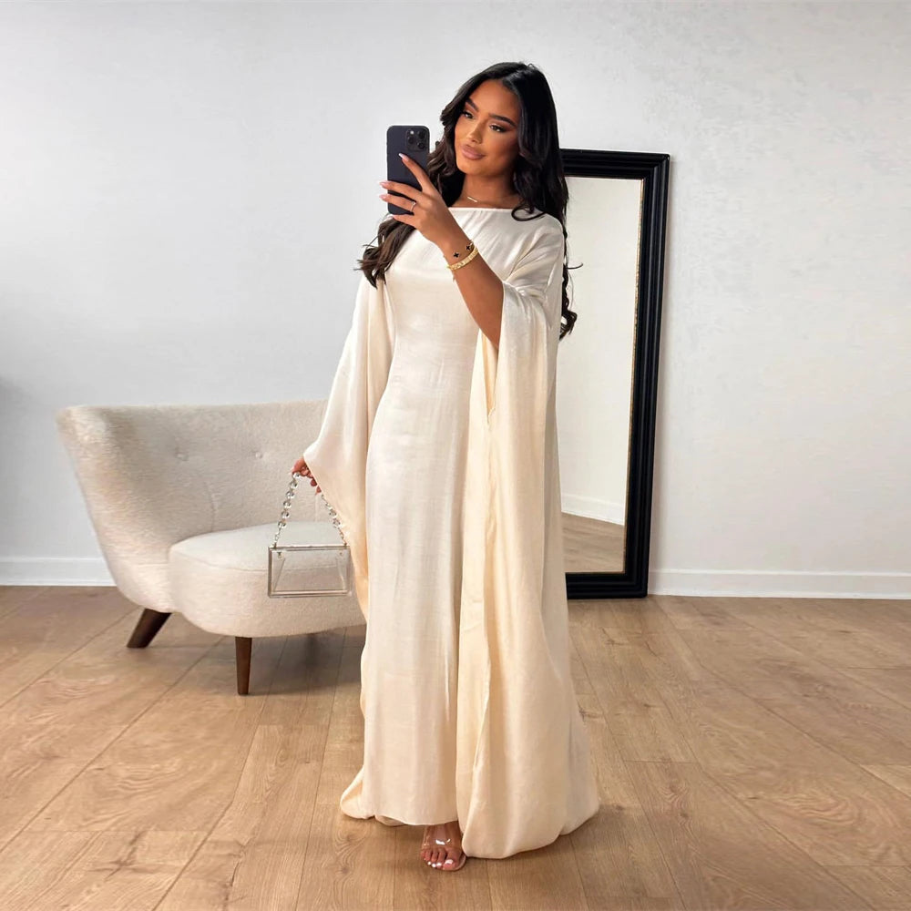 Batwing Butterfly Sleeve Satin Khimar Abaya Dubai Muslim Maxi Dress Kaftan Abayas For Women Kebaya Caftan Robe Femme Vestidos.