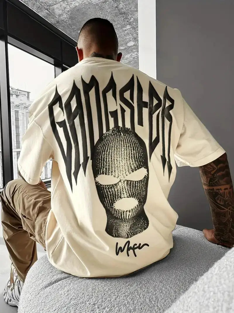 24/25 High-quality American High Street Masked Person Printed T-shirt for Men Oversized Loose Harajuku Short Sleeved Tops.
