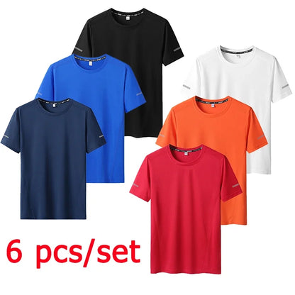 6pcs Men T-shirt Tracksuit Sets Plus Size 5XL/6XL/7XL 90-175kg Quick Dry Round Neck Short Sleeve Sportwear Big Size Men Clothing.