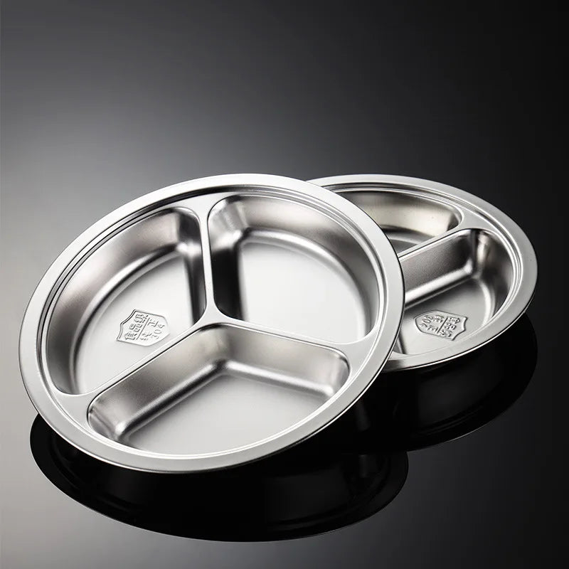 3 Grid Satinless Steel Food Plate Round School Kids Dish Trays Meal Sharing Dishes Set Service Table Student Main Dining Cutlery.