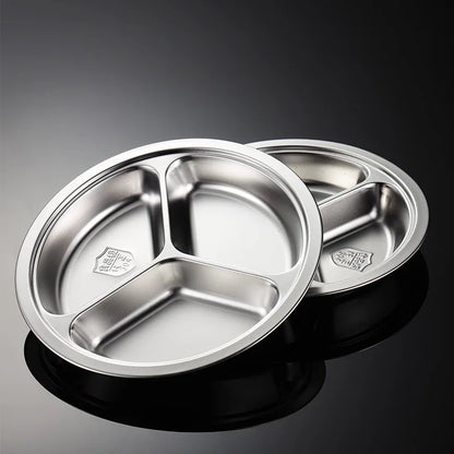 3 Grid Satinless Steel Food Plate Round School Kids Dish Trays Meal Sharing Dishes Set Service Table Student Main Dining Cutlery.