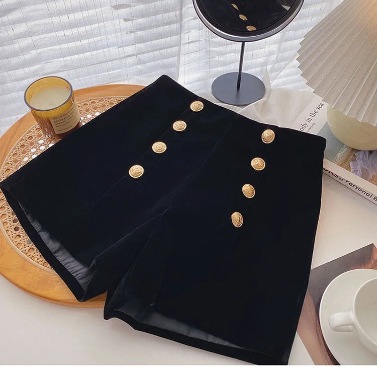 Autumn Winter High Waist Velvet Wide Leg Shorts Women Chic Double Breasted Short Pants Fashion Sexy Bottoms Casual Ropa Mujer.