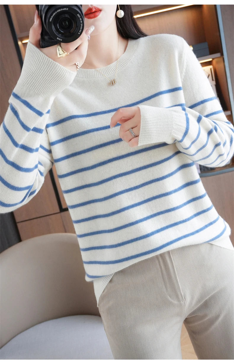 Herbst Winter neue Frauen O-Ausschnitt Farbe Streifen Pullover Wolle Mischung Mode weichen warmen Pullover Kaschmir lose lässig Strick Base Top