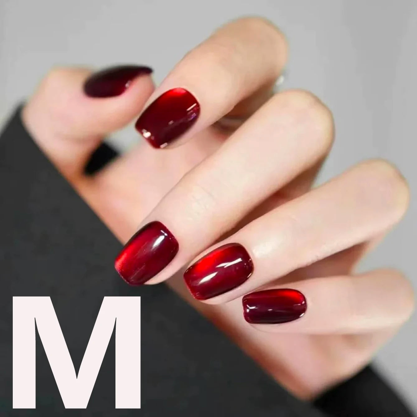 10PCS S/M/L red cat eye short square fake nailsart set with removable fake nails for festivals.