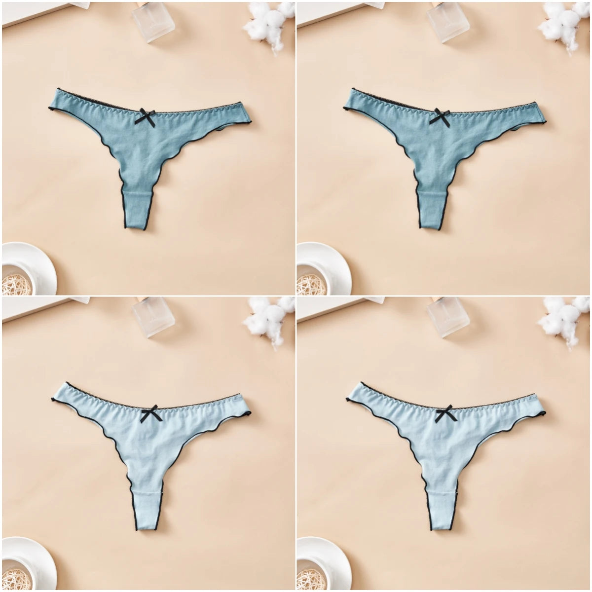 4pcs women's cotton solid color thong sexy comfortable women's underwear daily breathable T-back knitted bow cute girl low-waist