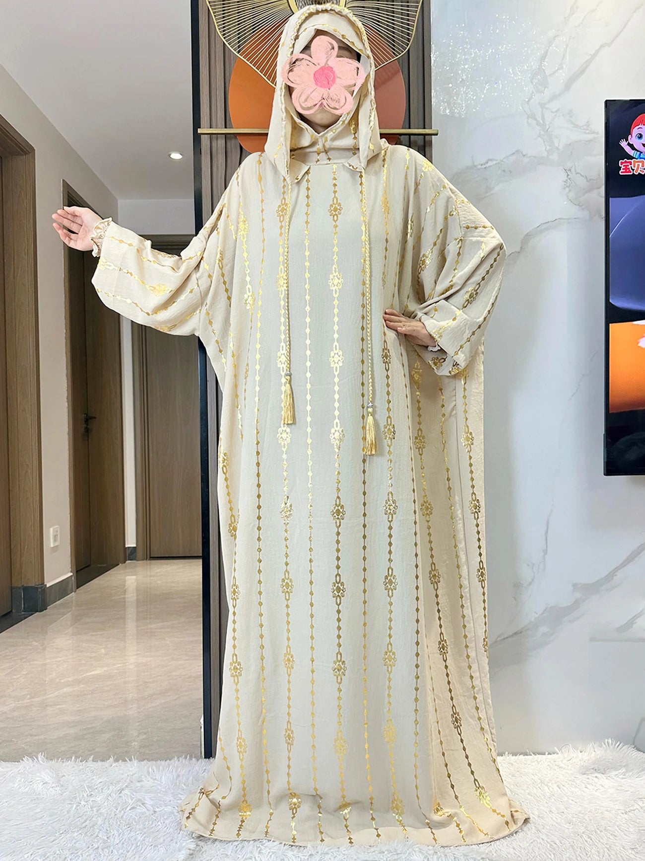 High Grade Cotton Fabric Ramadan Muslim Two-Hat Abaya Dubai Turkey Islam Prayer Clothes Gold Dust Dress Islam Women Dress Kaftan.