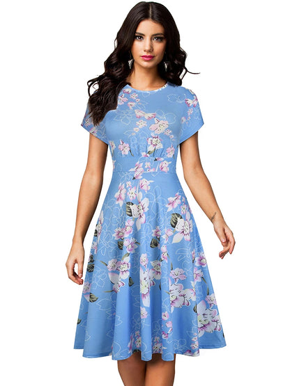 Nice-forever Vintage Elegante Blumen Druck Plissee Rundhals vestidos A-Line Pinup Business Party Frauen Flare Swing Kleid A102