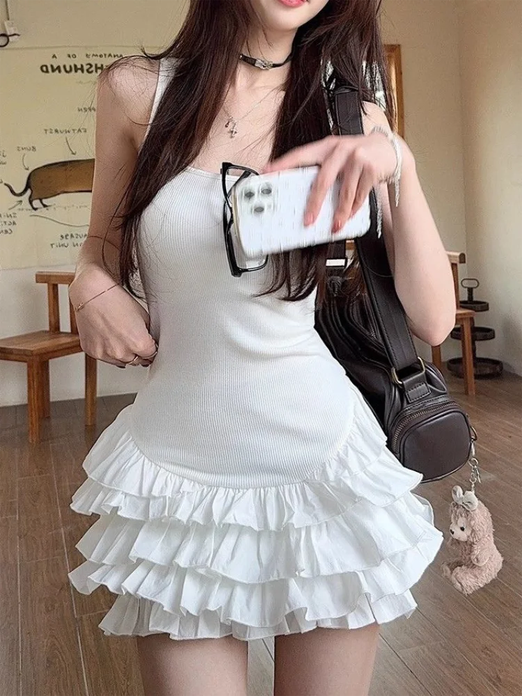 Schickes ärmelloses Y2K-Minikleid für Damen, Sommer, schwarze Kleider, sexy Clubwear, Party, schmale Passform, Rüschen, plissiertes kurzes Kleid.