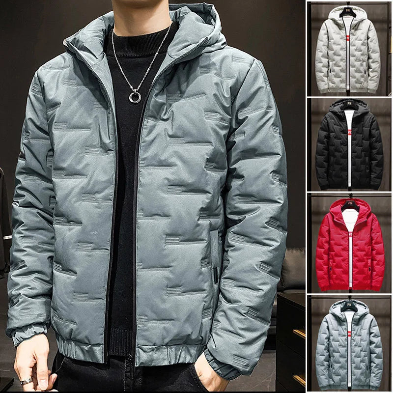Men's cotton jacket for winter warmth, hooded block quilted windproof jacket, men's multi-color optional, 2025 new trendy cotton.