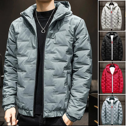Men's cotton jacket for winter warmth, hooded block quilted windproof jacket, men's multi-color optional, 2025 new trendy cotton.