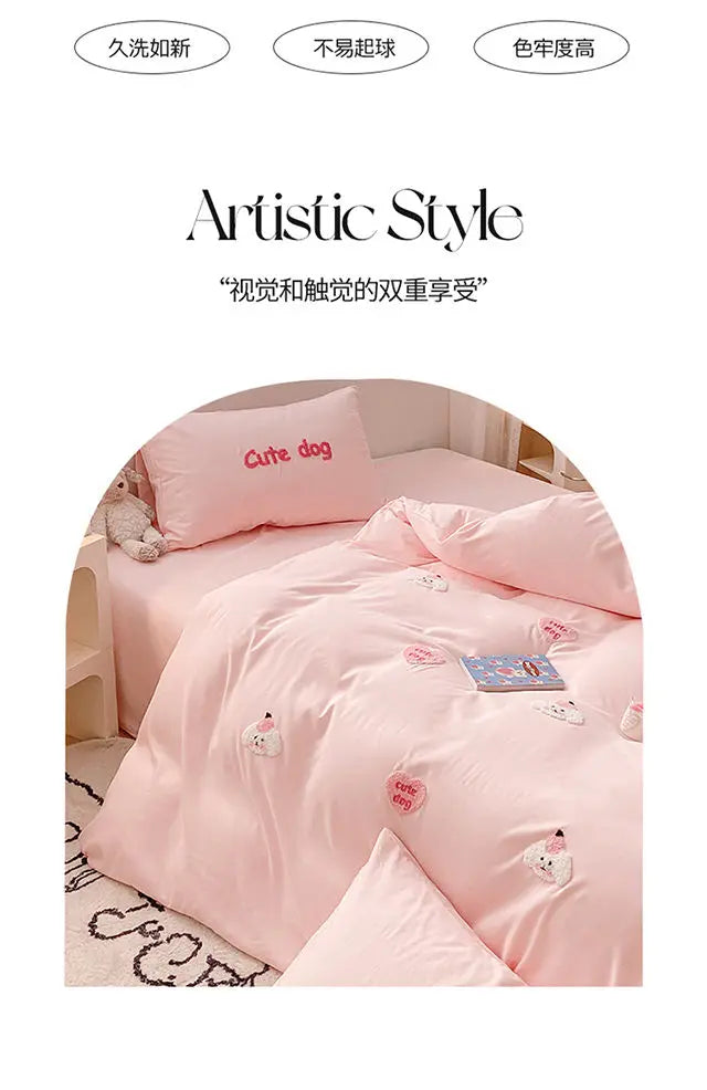 Ins Girly Heart Towel Embroidery Bedding Four-piece Set Soft Washed Cotton Bed Sheet Quilt Cover Three-piece Set.