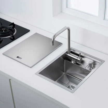 Küchenspüle aus Edelstahl 304, für Inselbar, gebürstete Oberfläche mit faltbarem Wasserhahn, Deckelabdeckung, Seifenspender, Gemüsebeckenwaschbecken