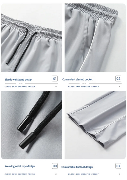 Summer ice silk thin section pants men's Hong Kong style loose splicing casual sports wide-legged pants elastic speed pants.