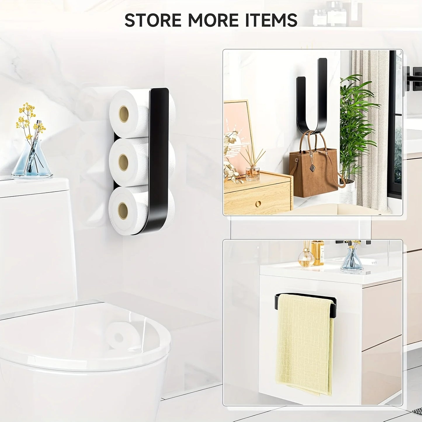 3-in-1-Toilettenpapierhalter zur Wandmontage mit Handtuchhalter und Haken – schwarzes Metall, platzsparendes Design für Badezimmer, Küche, Wohnzimmer