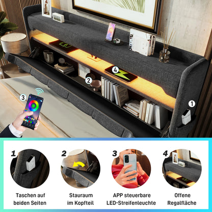 KOMHTOM Doppelbett Leinen, mit USB und Typ C-Port, 360-Surround-LED-Funktion, Hydraulischer Stauraum, ohne Matratze