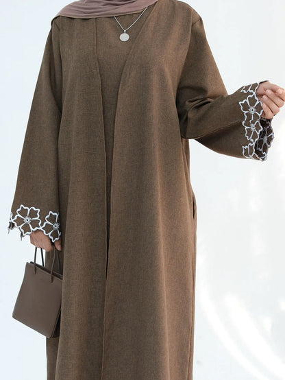Chic Coffee Color Outer Piece Abaya Geometric Cuff Embroidery Ideal Modern Muslim Women Suitable for Daily/Semi formal Occasion.