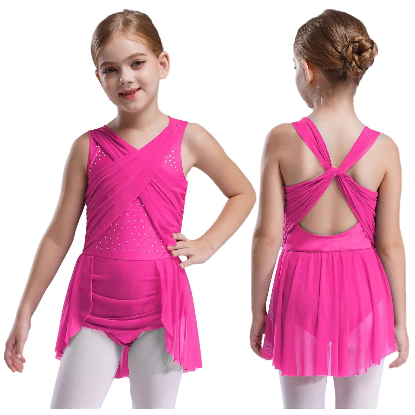 Kinder Mädchen Ärmellose Ausschnitt Strass Eiskunstlauf Trikot Kleid Lyrical Dance Gymnastik Akrobatik Leistung Kostüm