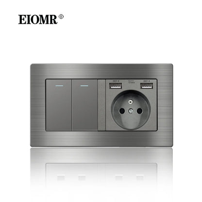 EIOMR Frankreich Standard-Steckdose, graue Aluminiumlegierung, Lichtschalter, RJ45, Fernseher, 220 V, 16 A, Wandsteckdosen für Haushaltsgeräte