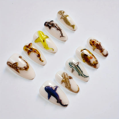 10pcs Handmade Press on Nails Cartoon Shark Pattern Design Fake Nails Wearable Detachable Ins Simple Almond Shaped False Nails.