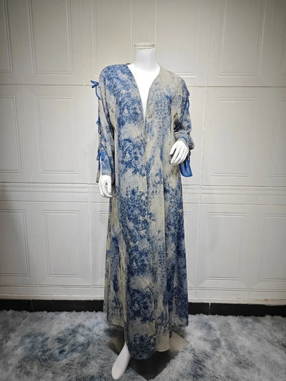 2025 sommer Arabisch Frauen Muslimische Kleidung Ramadan Dubai Offene Abaya Kleid mit Hijab Islam Gedruckt Chiffon 2 Stück Outfit