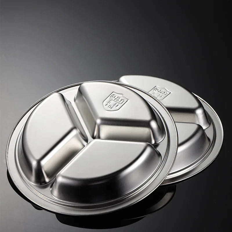 3 Grid Satinless Steel Food Plate Round School Kids Dish Trays Meal Sharing Dishes Set Service Table Student Main Dining Cutlery.