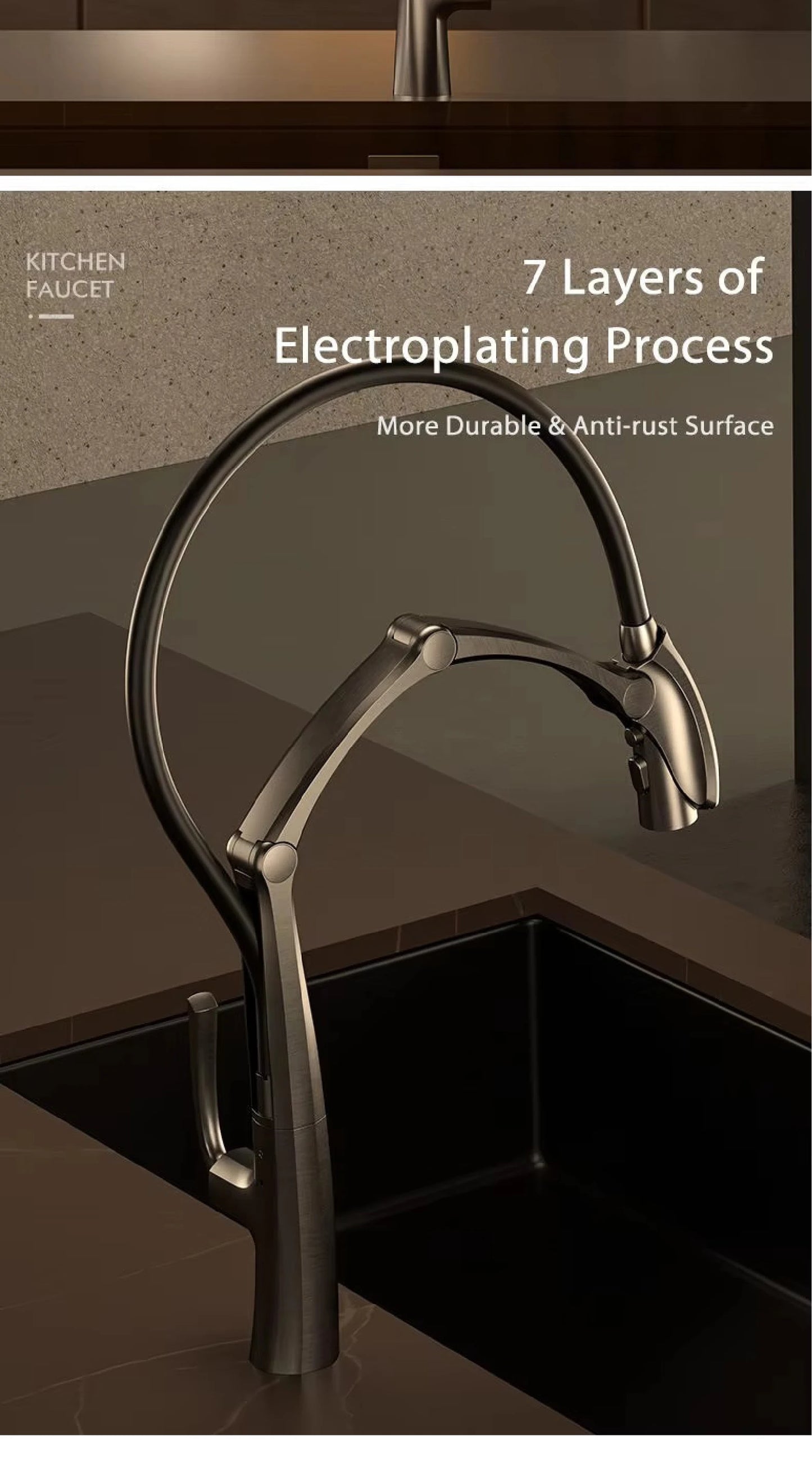 AITANA Gun Grey Luxury Brass LED Display Kitchen Faucet，Touchless Sensor，Pull-Out 3-Function Spray Water-Saving SinK Mixer