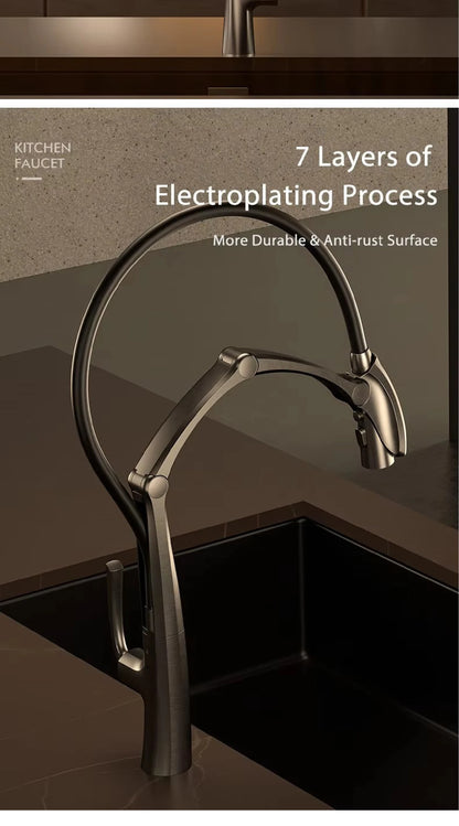 AITANA Gun Grey Luxury Brass LED Display Kitchen Faucet，Touchless Sensor，Pull-Out 3-Function Spray Water-Saving SinK Mixer