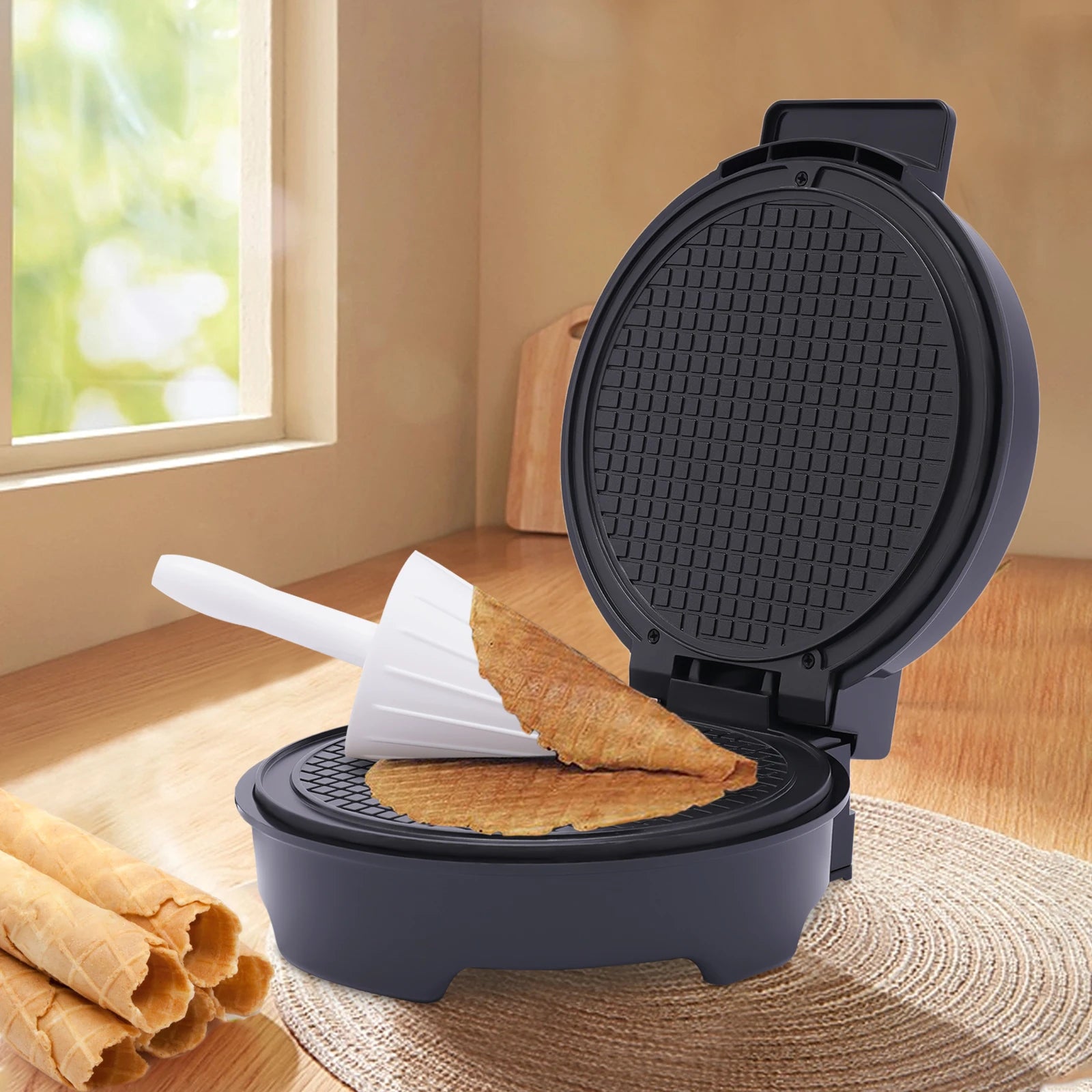 Waffle Iron 1200W Electric Waffle Cone Maker Non Stick Iron Plate Baking Mould with Anti Scalding Handle Indicator Light.