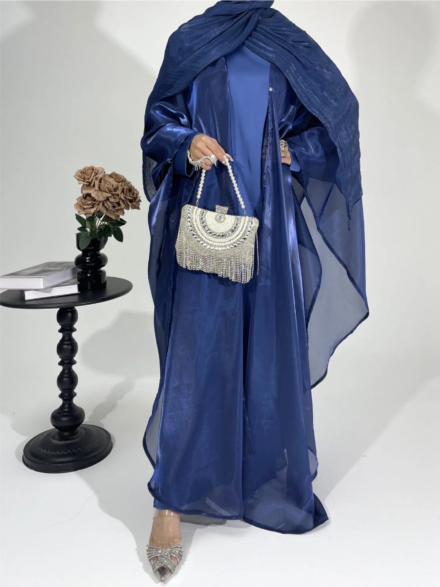 Muslim 2025 New Fashion Women's Solid Color Elegant Casual Trendy Loose 2 Piece Sets Long Sleeve Cardigan Coat Inner Dresses.