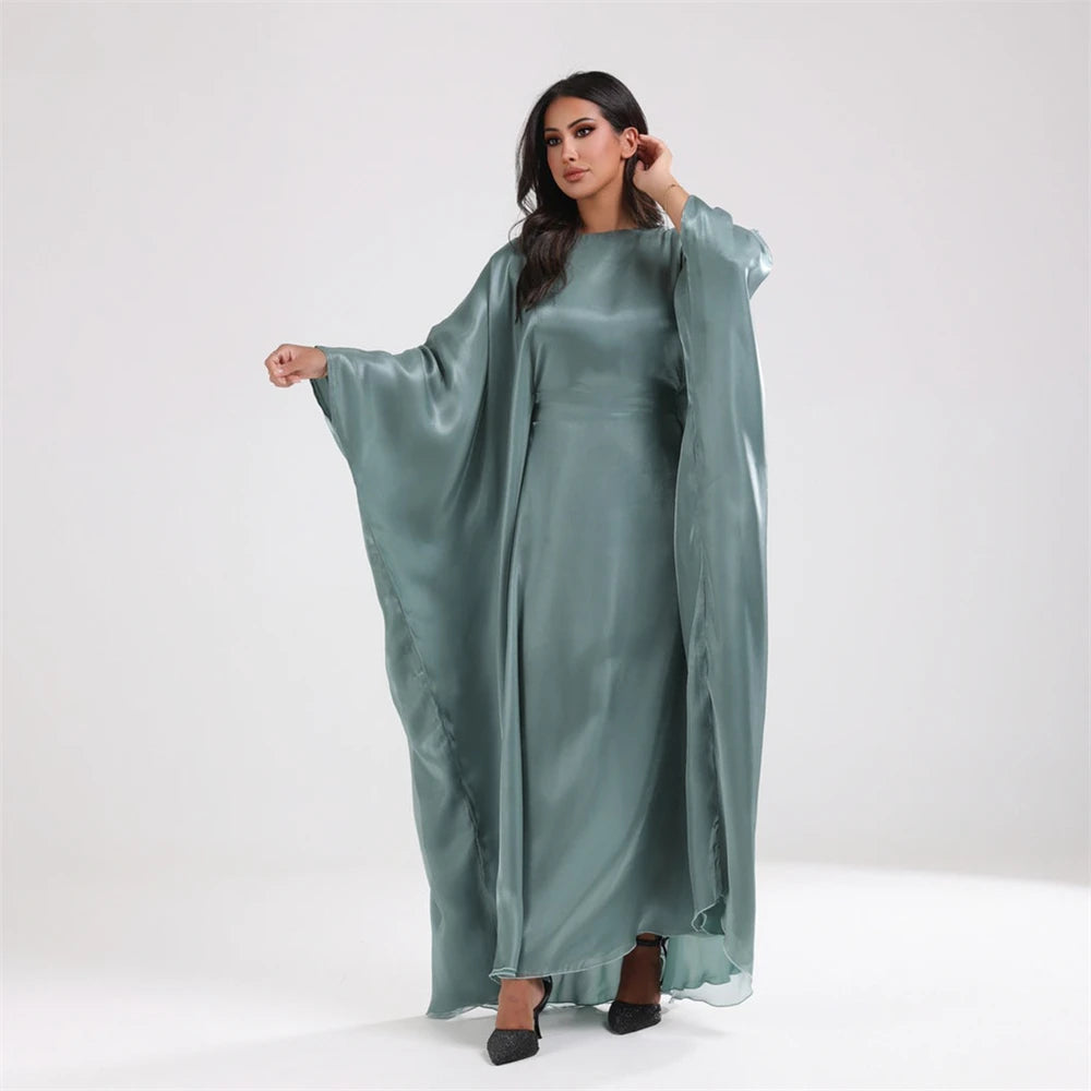 Muslim Kaftan Dress Satin Batwing Abaya For Women Dubai Luxury 2024 Islam Kebaya Robe Caftan Marocain Femme Musulmane Vestidos.
