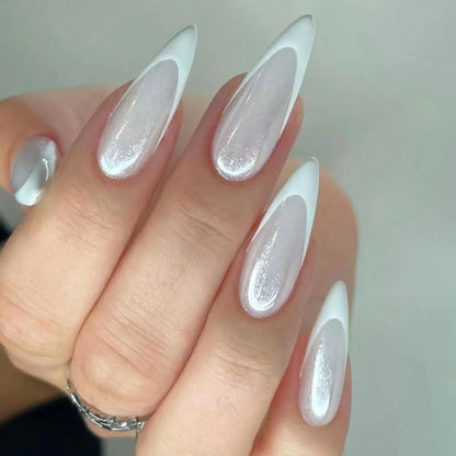 24pcs Long Stiletto French Fake Nails White Edge Simple Aurora False Nails Full Cover Press on Nails DIY Detachable Manicure.