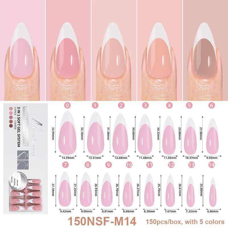 150Pcs/Box Acrylic Press on Nails Full Cover Fake False Tips Soft Gel Extension T-shaped Oval Capsule Almond Sculpted Salon DIY.