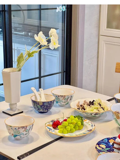 1PC Chinese-style Ceramic Plates New Flower-patterned Dinner Plates Ceramic Fruit Salad Plates Exquisite Kitchen Accessories