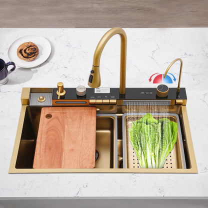 Goldfarbenes intelligentes Küchenspülbecken mit Wasserhahn, digitales Touch-Bedienfeld, ausziehbarem Sprühgerät und Tassenwascher, modernes Waschbecken aus Edelstahl