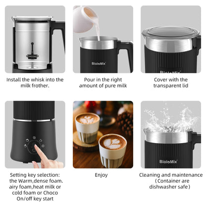 BioloMix Detachable Milk Frother and Steamer,5-in-1 Automatic Hot/Cold Foam and Hot Chocolate Maker,Dishwasher Safe.