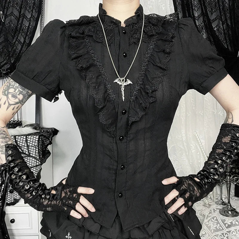 Sweet Lolita Cotton Shirts Women Vintage Gothic Black White Jacquard Short Sleeve Blouses Elegant Office Lady Y2k Tops.